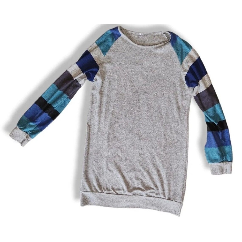 Women's OTT Medium Gathered Sweater Grey/Blue Long Sleeve, Striped Sleeves
